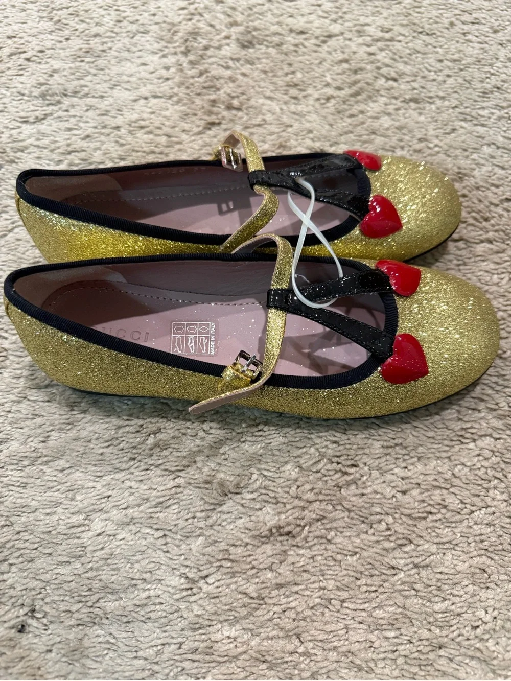 Gucci Girls' Gold Glitter Mary Jane Flats with Red Heart Accents